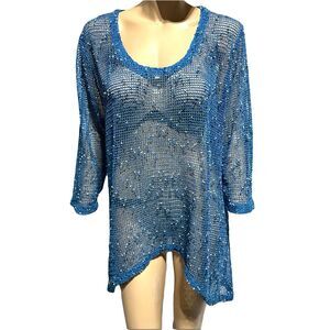 Lulu-B Net Mesh Top Blue White XL Mermaid Fishnet Coastal Opel Knit Sharkbite